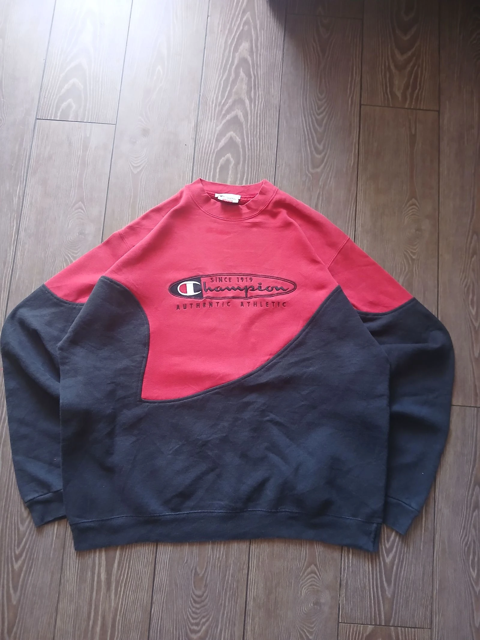 Champion Custom Rework Sweatshirt Red Black Size L Y2K Streetwear Crewneck